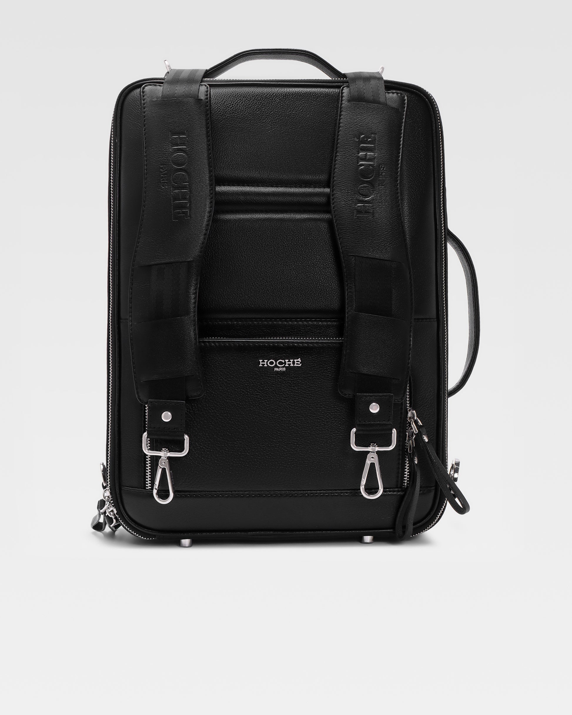 Front view of UniSwitch 3 in 1 convertible black branded genuine leather backpack for men in India, featuring a sleek and premium design for work and travel
