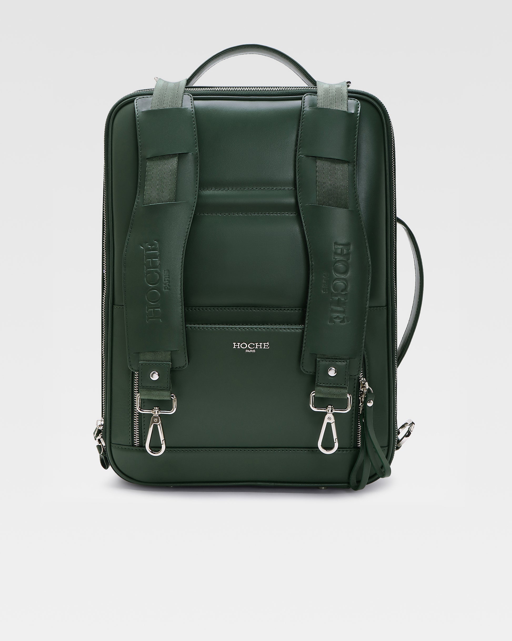 Front view of UniSwitch 3 in 1 convertible dark green olive branded genuine leather backpack for men in India, featuring a sleek and premium design for work and travel