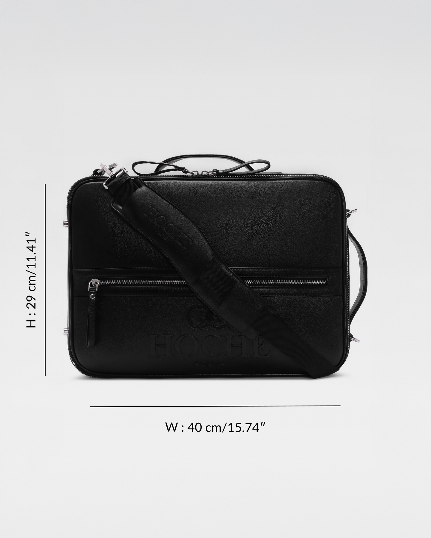 Dimension details of UniSwitch black branded genuine leather backpack for men in India, featuring a sleek and premium design for work and travel can carry laptop upto 15.5 inches.