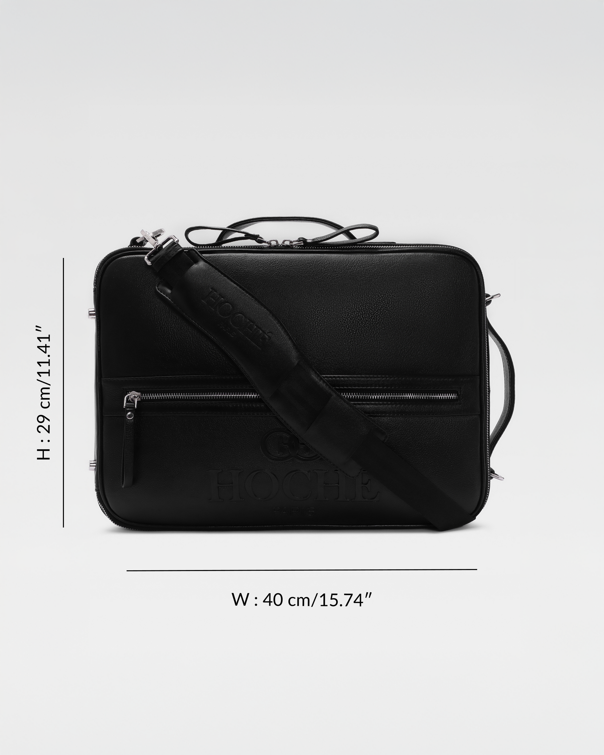 Dimension details of UniSwitch black branded genuine leather backpack for men in India, featuring a sleek and premium design for work and travel can carry laptop upto 15.5 inches.