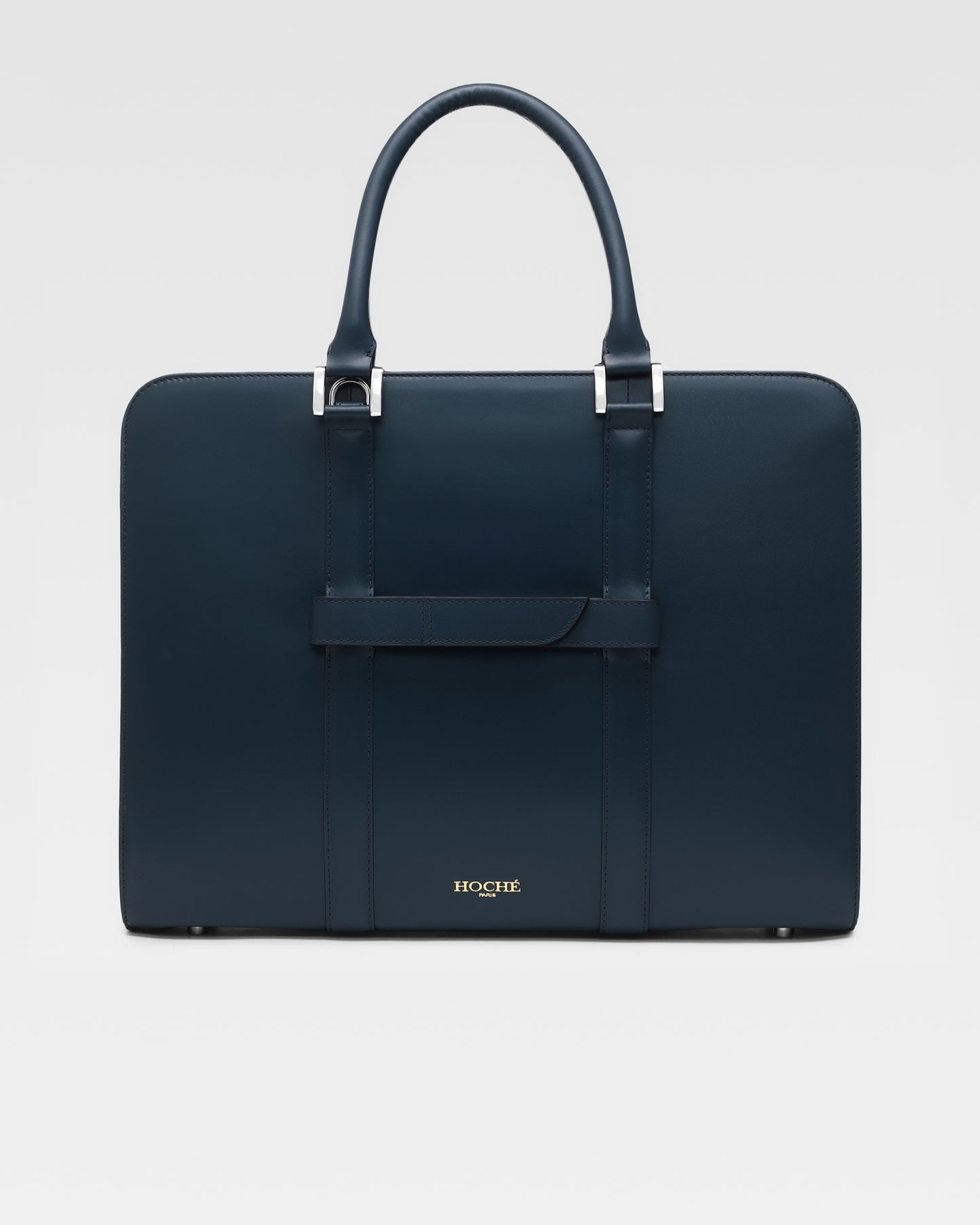 Back view of PinnaclePro dark blue leather laptop bag for men, featuring ergonomic handles, a trolley sleeve, and refined detailing