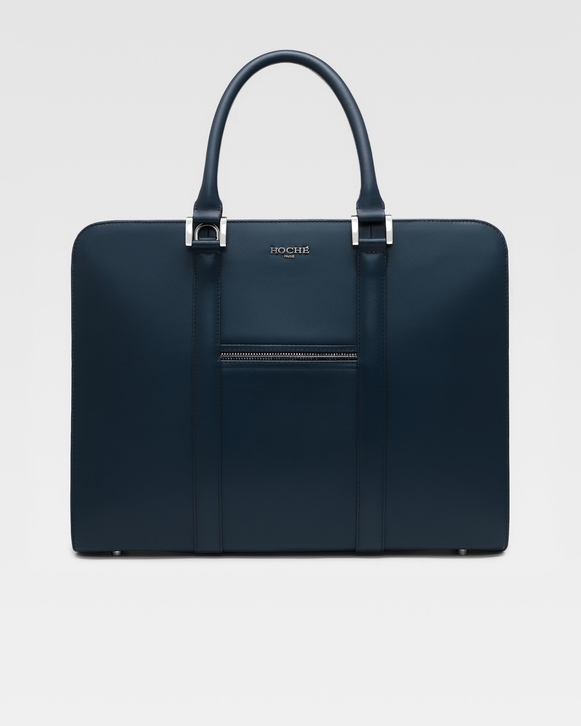 Front view of PinnaclePro dark blue leather laptop bag for men, designed with premium full-grain leather and a sleek, professional look.