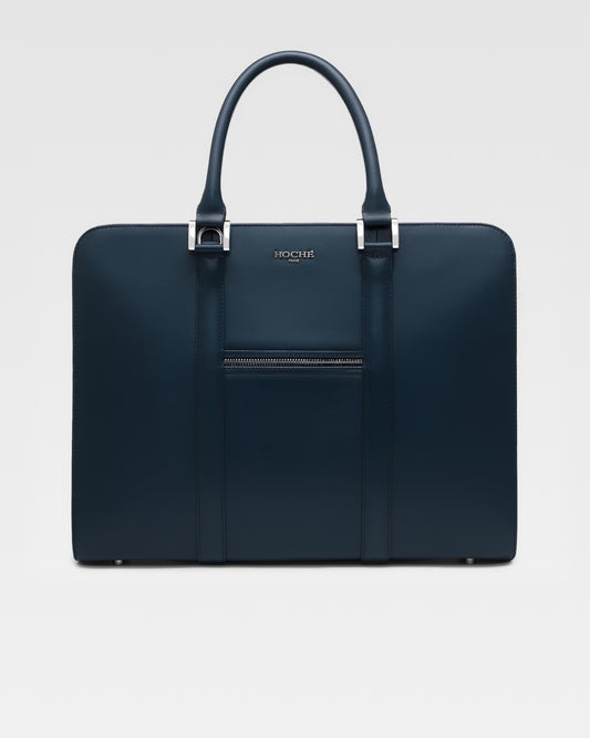 Front view of PinnaclePro dark blue leather laptop bag for men, designed with premium full-grain leather and a sleek, professional look.