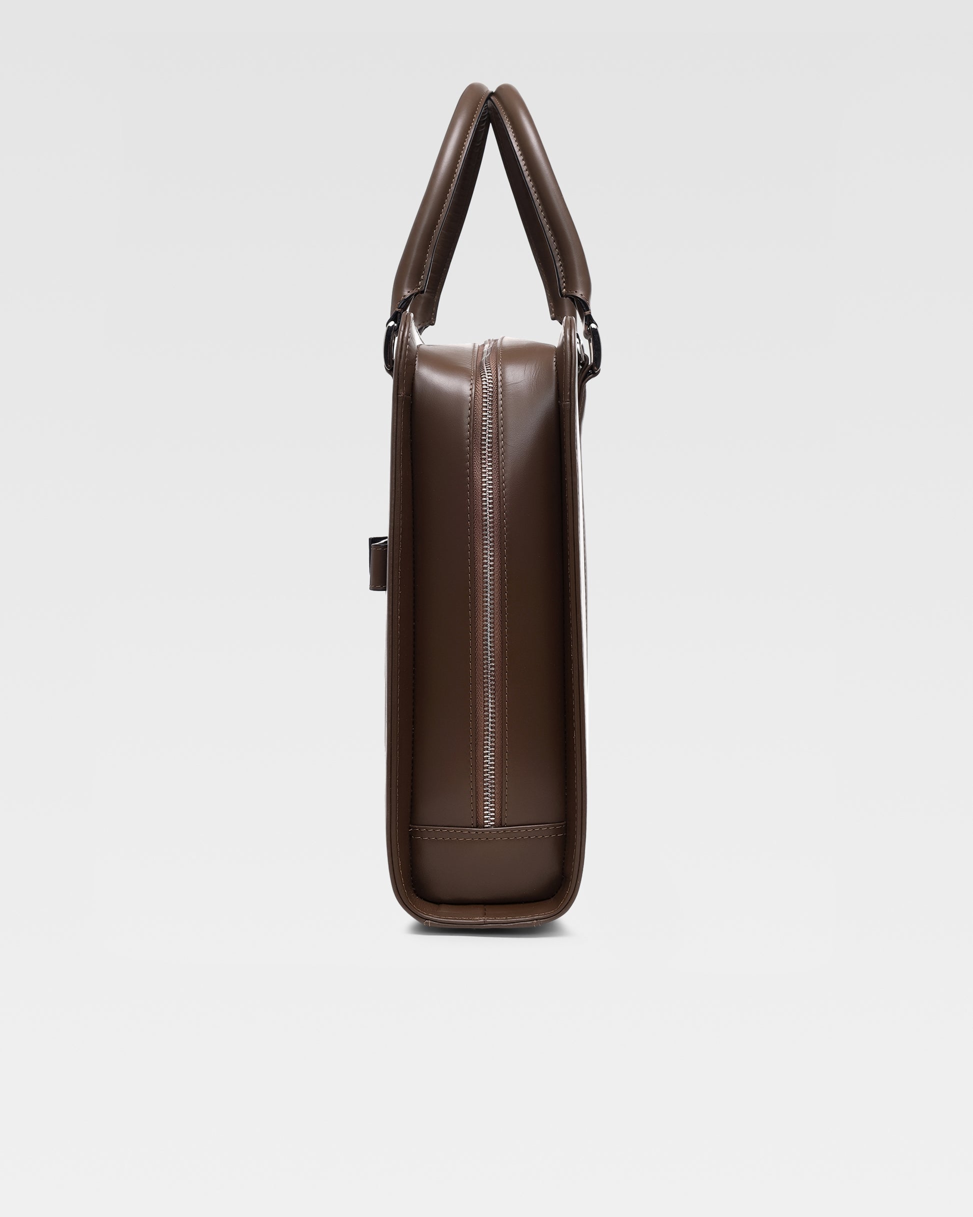 Side view of PinnaclePro dark brown branded leather laptop bag for men in India, showcasing its slim profile, durable leather, and refined details.