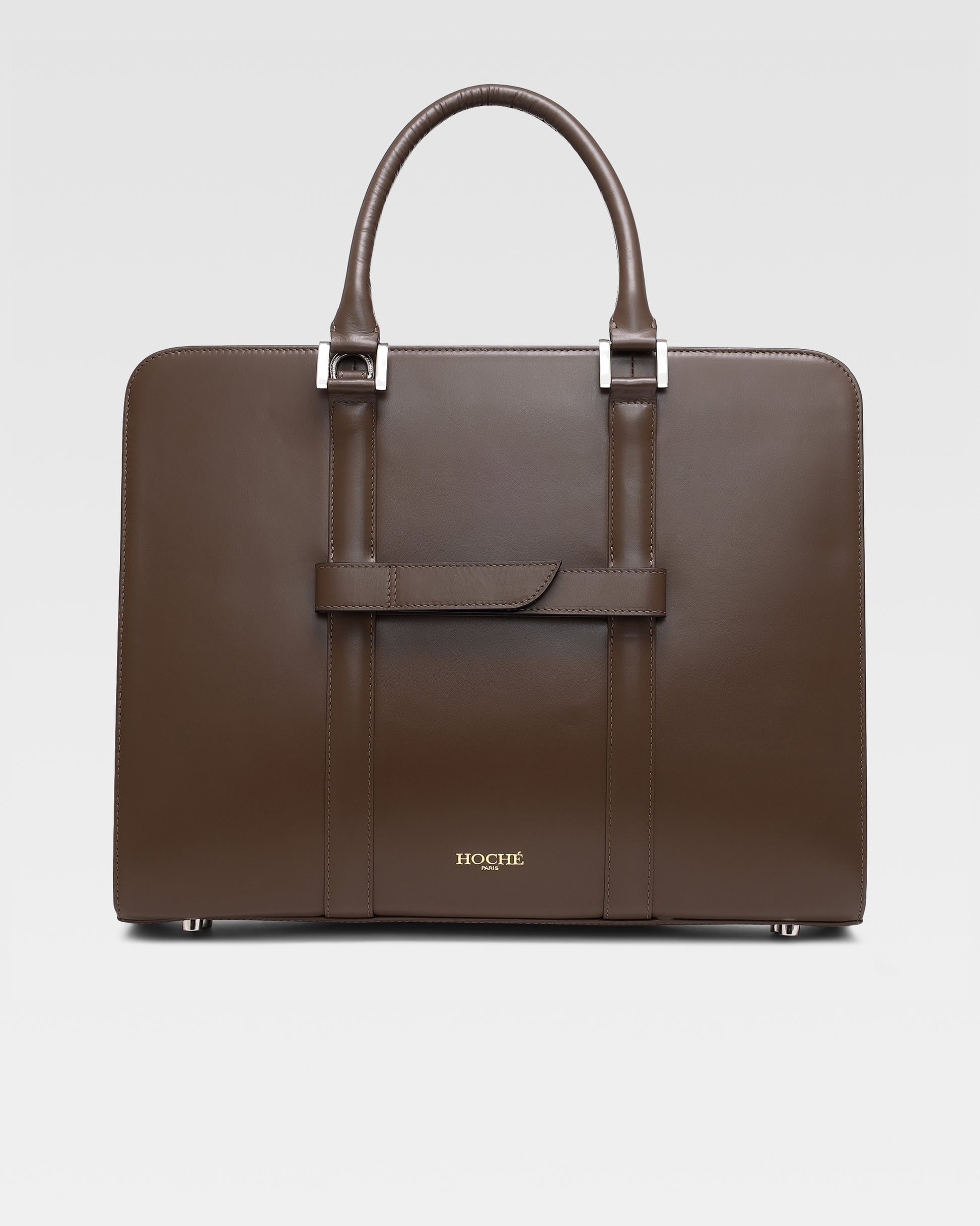 Back view of PinnaclePro dark brown branded leather laptop bag for men, featuring a structured design, reinforced handles, and external pocket.
