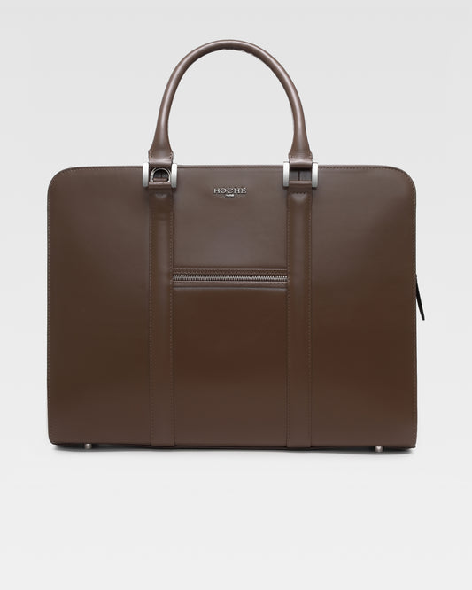 Front view of PinnaclePro dark brown branded smooth leather laptop bag for men, featuring a sleek design, premium full-grain leather, and modern craftsmanship.