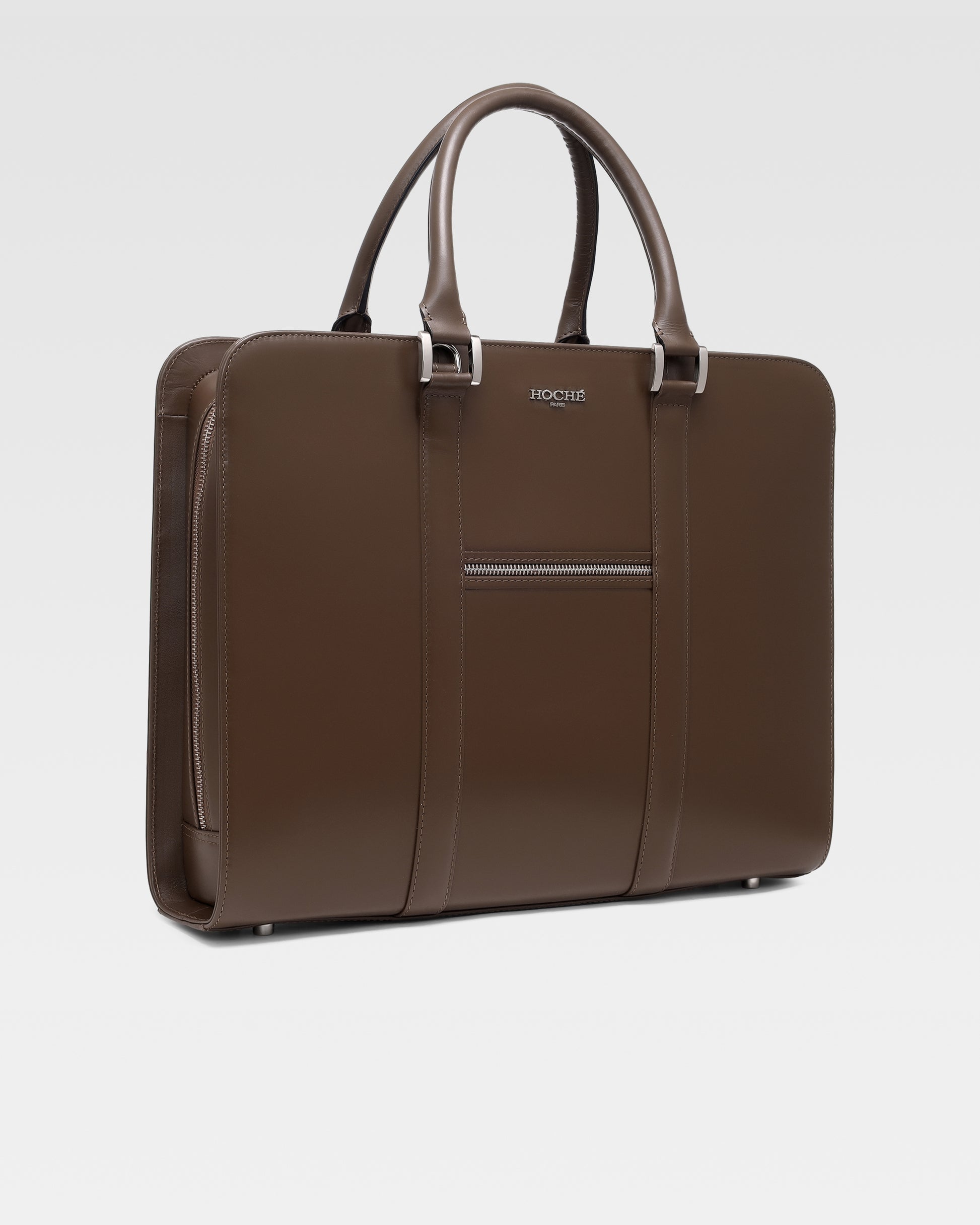 Side view of PinnaclePro dark brown branded leather laptop bag for men, showcasing its slim profile, durable leather, and refined details.