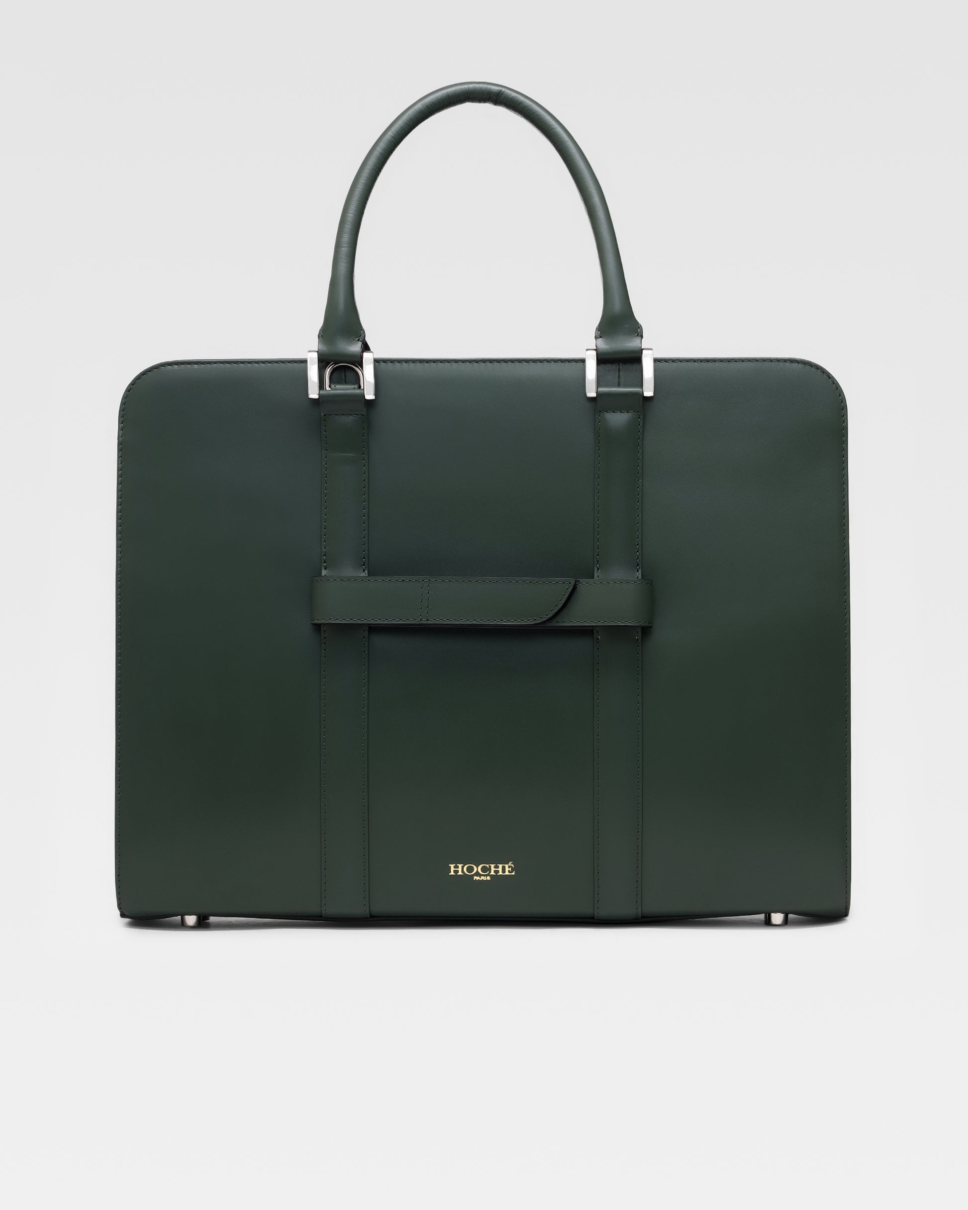 Back view of PinnaclePro olive genuine leather laptop bag for men, featuring a structured design, trolley sleeve, and reinforced stitching