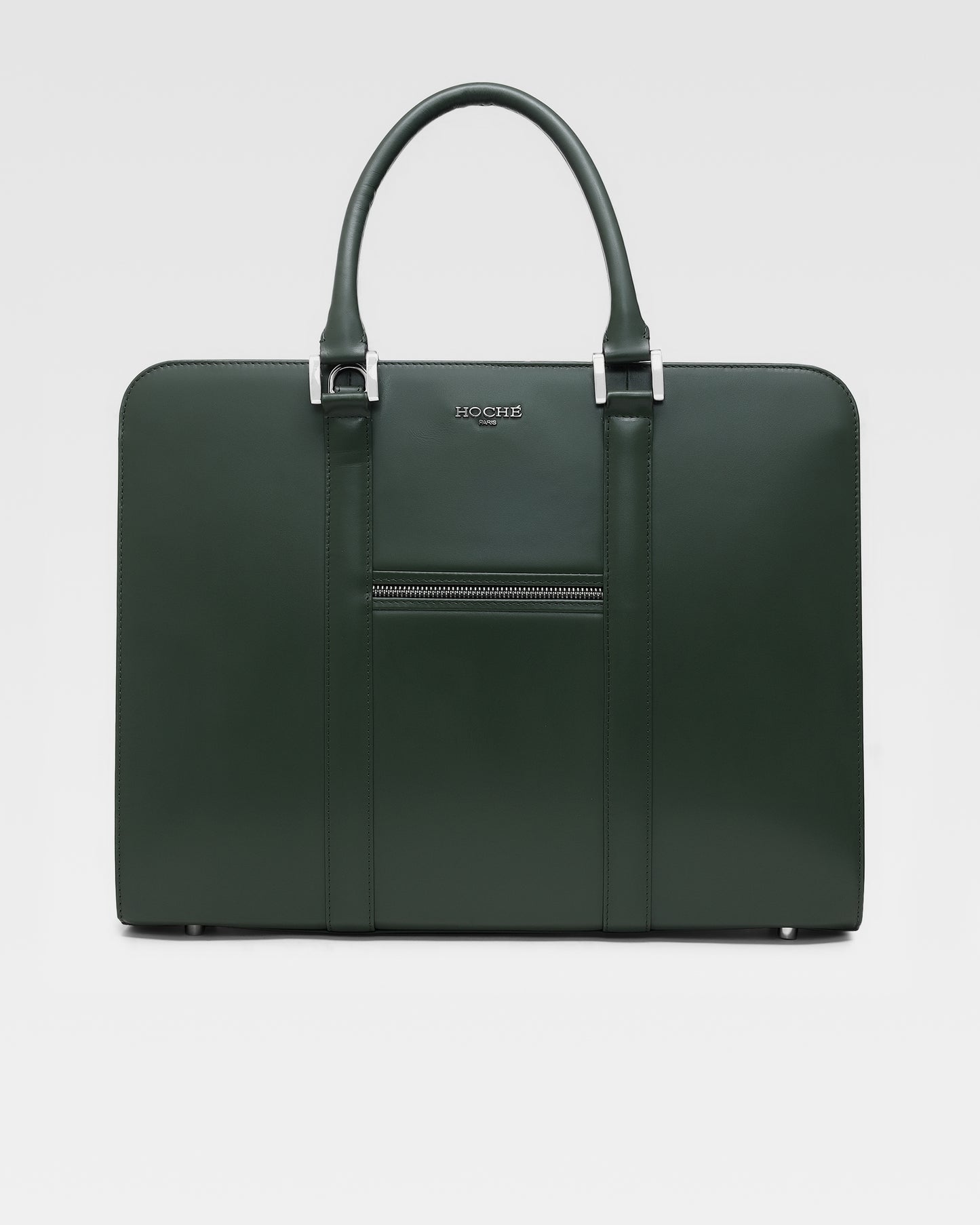 Front view of PinnaclePro dark green (olive) pure leather laptop bag for men, crafted from genuine leather with a sophisticated, designer appeal