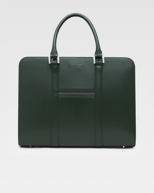 Front view of PinnaclePro dark green (olive) pure leather laptop bag for men, crafted from genuine leather with a sophisticated, designer appeal
