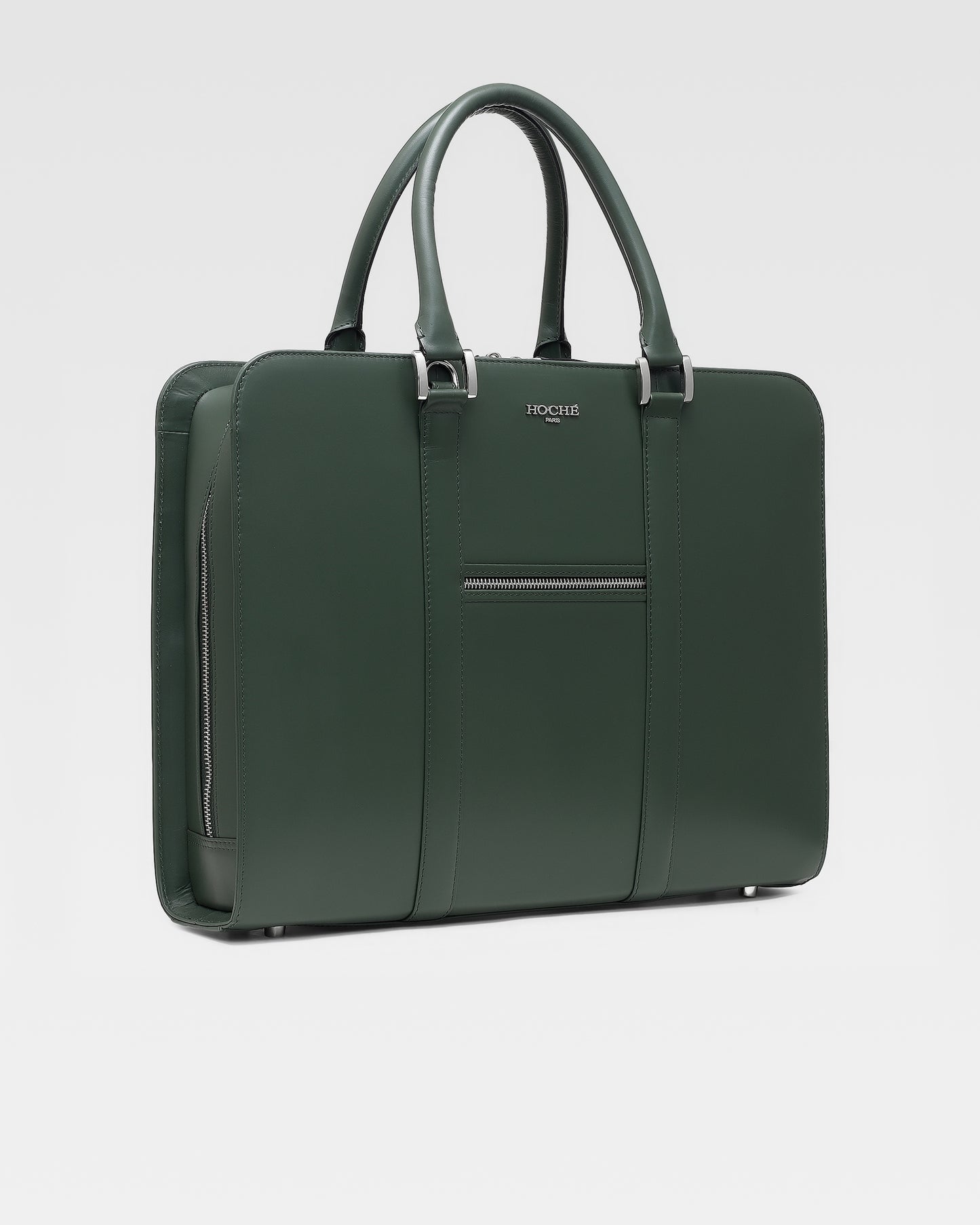 Side profile of PinnaclePro olive green men’s leather laptop bag, showcasing its slim structure, durable handles, and premium craftsmanship