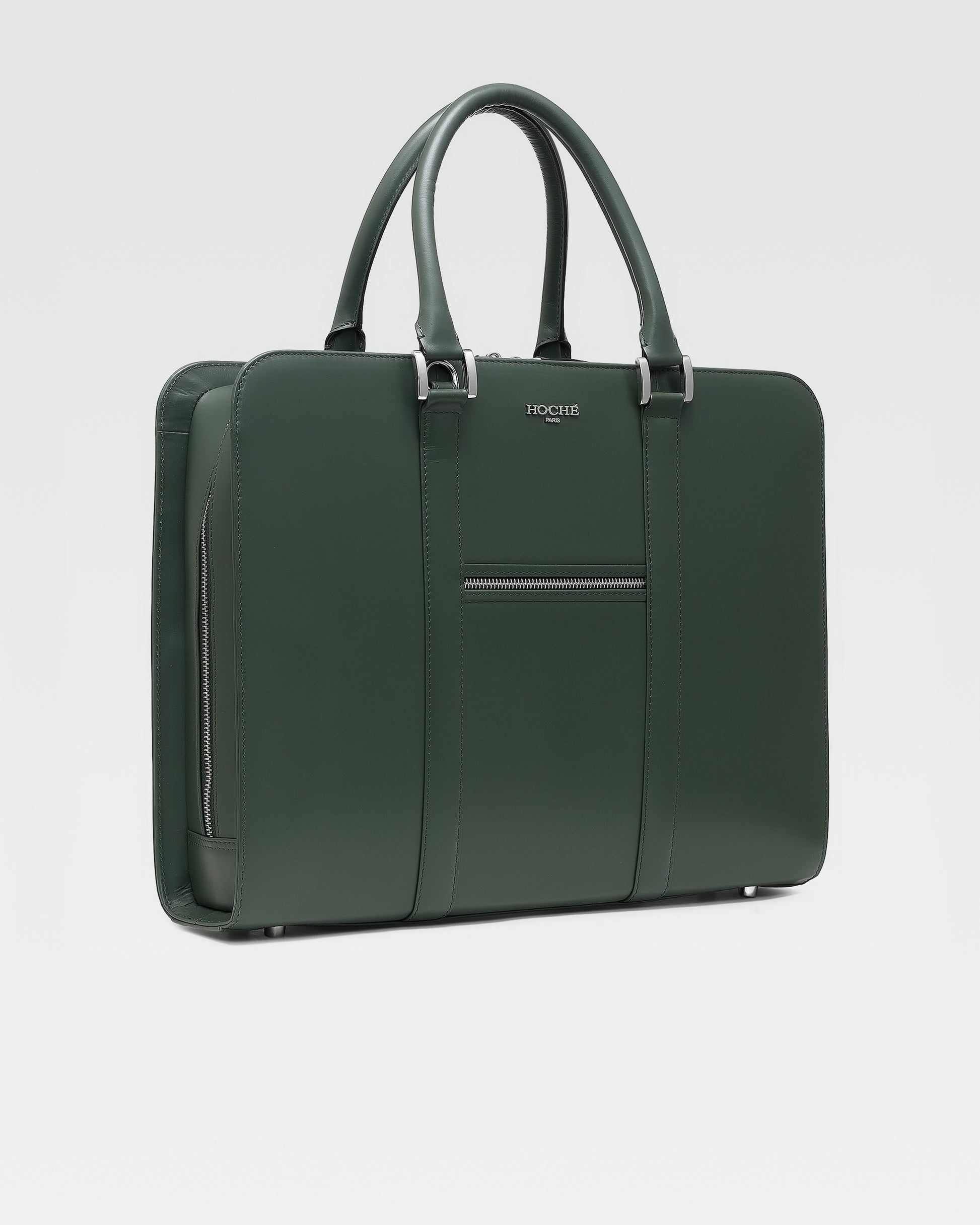 Side profile of PinnaclePro olive green men’s leather laptop bag, showcasing its slim structure, durable handles, and premium craftsmanship