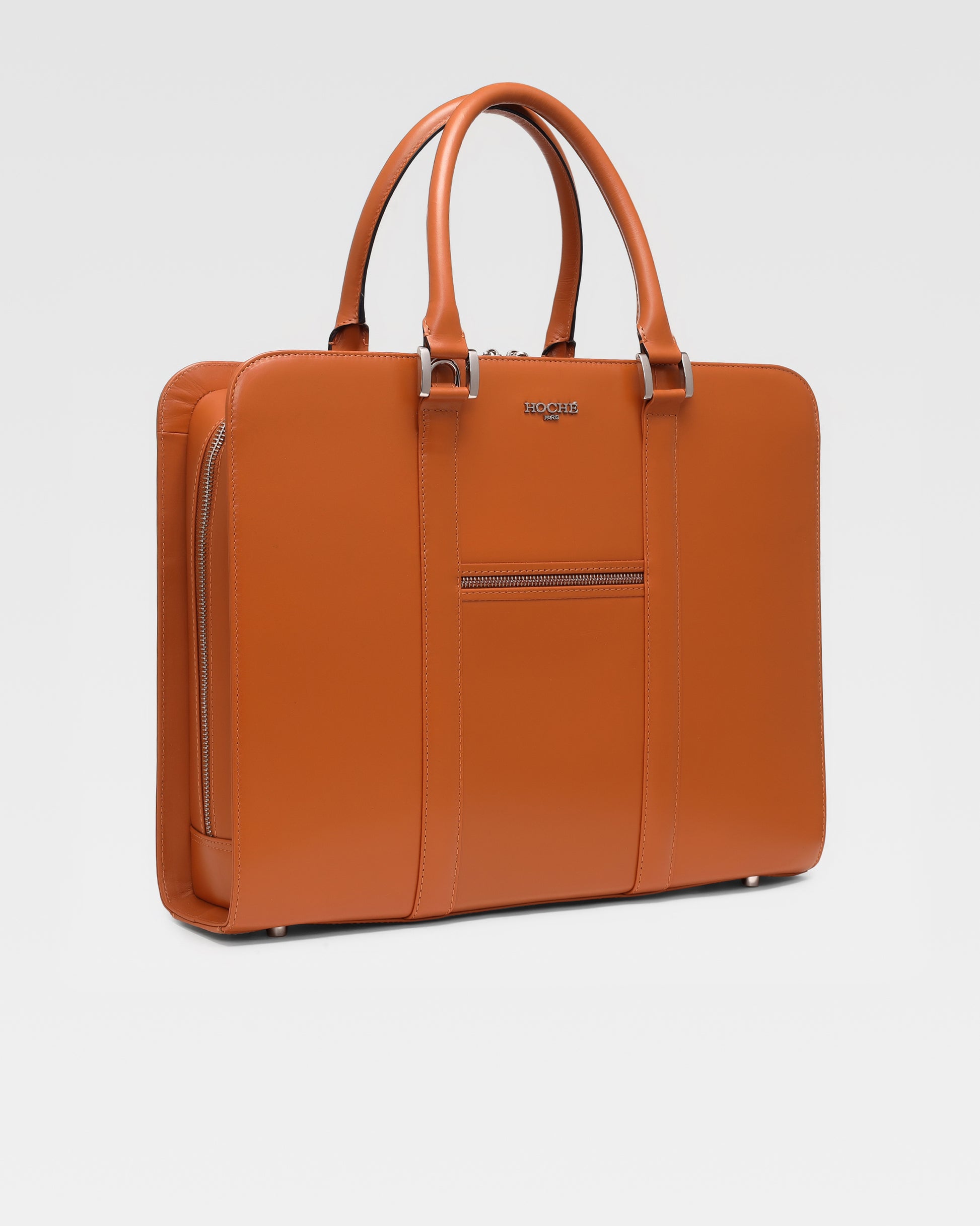 Side view of PinnaclePro Umber Tan genuine leather laptop bag for men in India, featuring a slim profile, premium craftsmanship, and a professional design