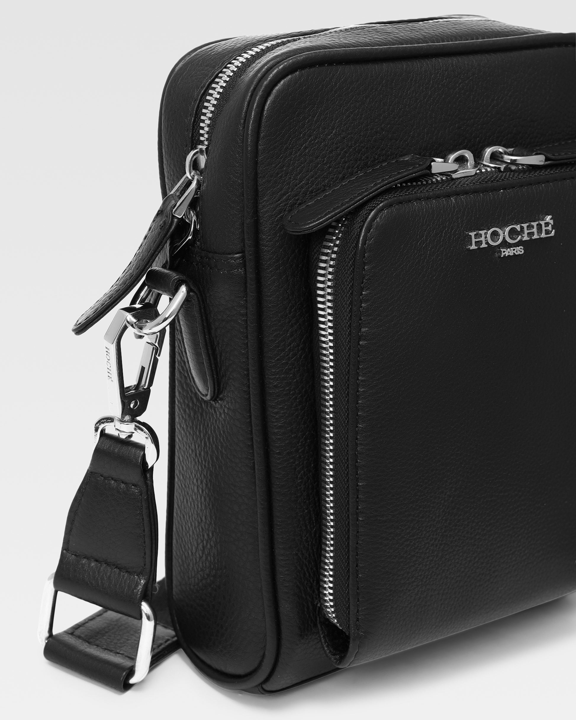 Close-up of premium genuine leather on men’s sling bag – Grandeur by Hoche Paris