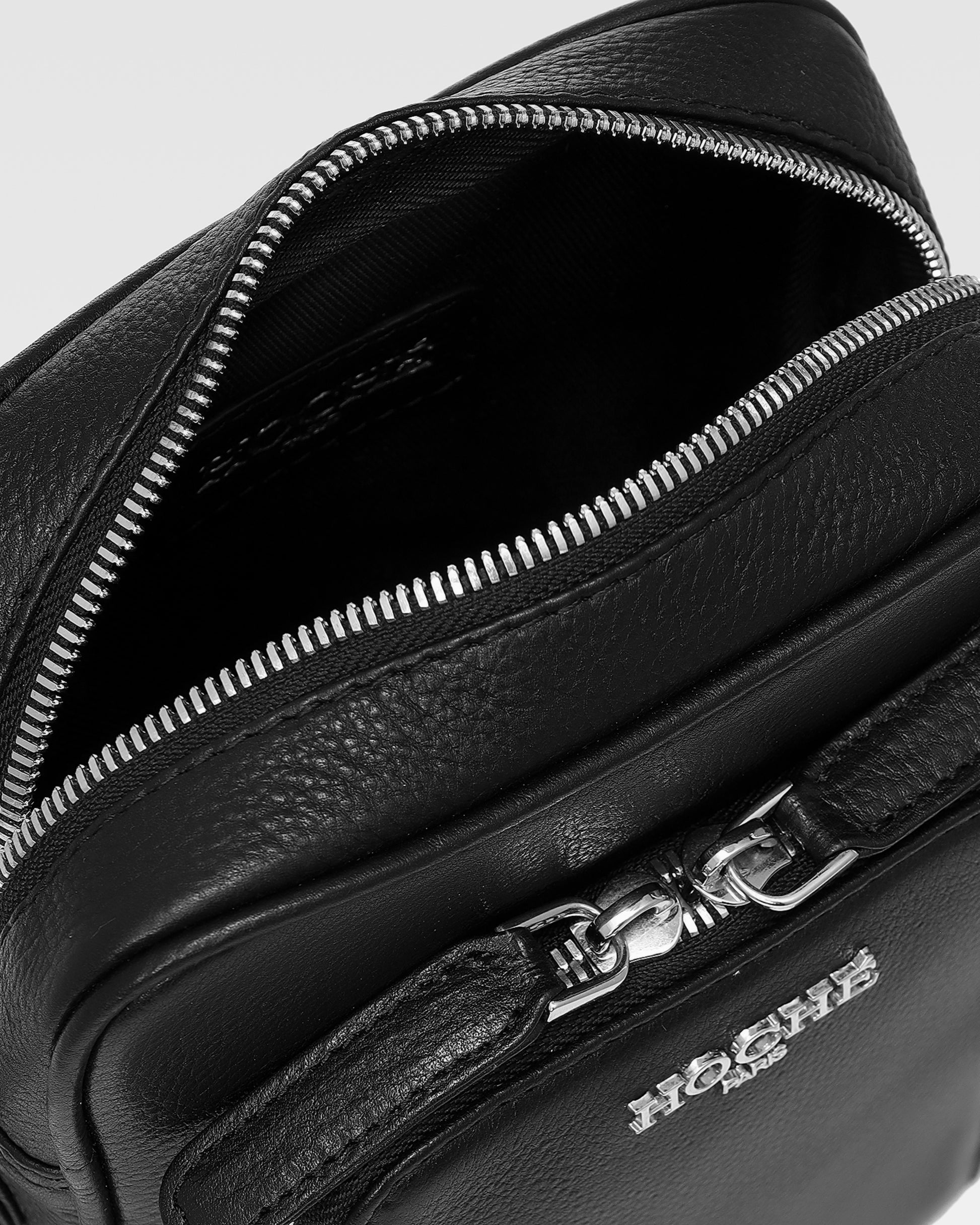 Close-up of premium genuine leather on men’s side sling  bag – Grandeur by Hoche Paris