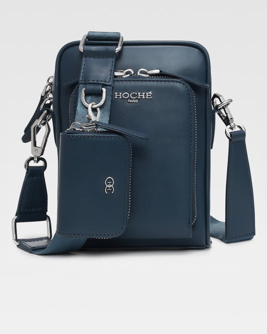 Front view of Dark Blue genuine leather sling bag for men – Grandeur by Hoche Paris