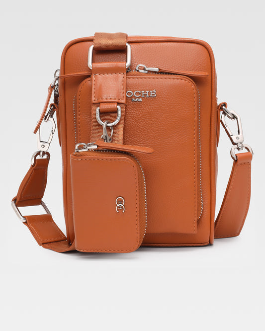  Front view of Umber Tan genuine leather sling bag for men – Grandeur by Hoche Paris