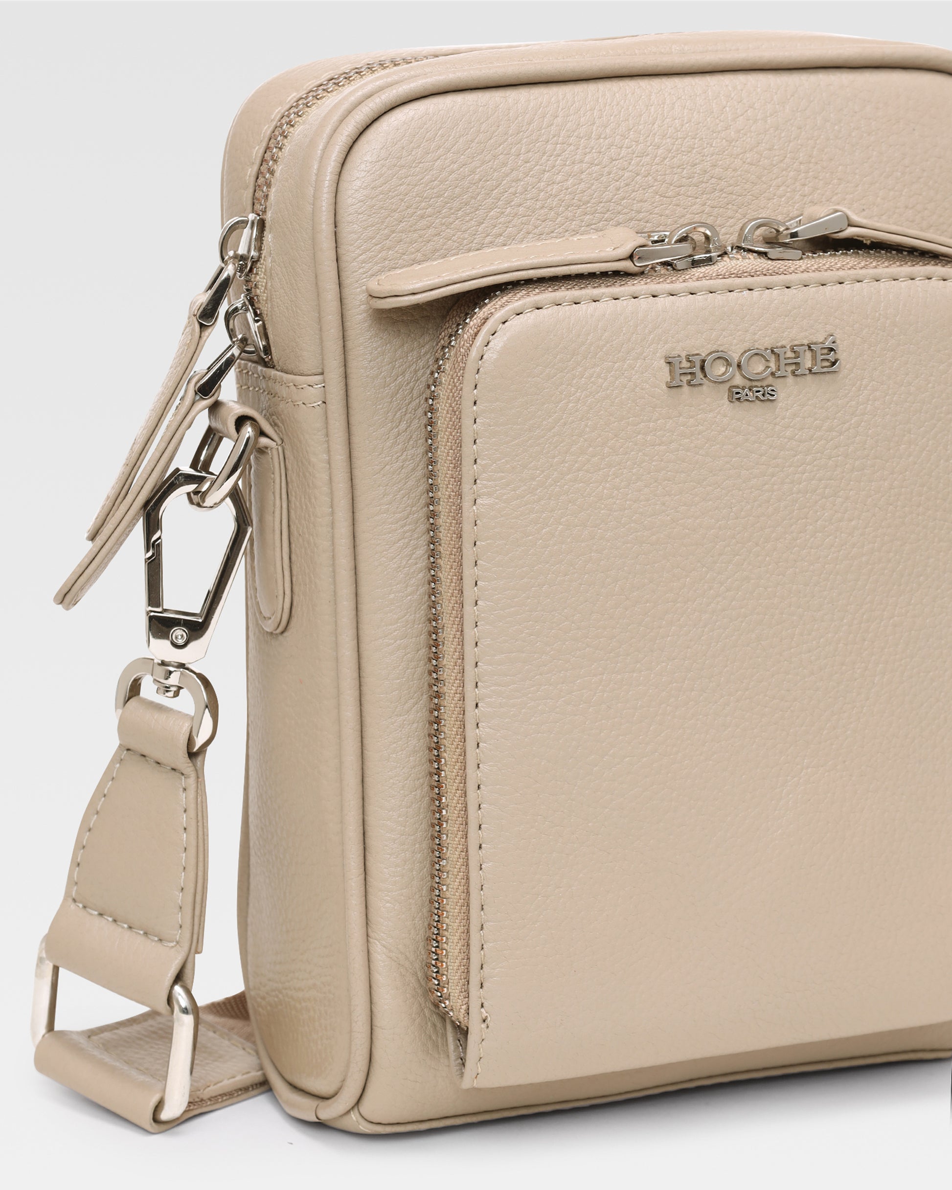 Taupe leather sling bag for men worn crossbody – Grandeur by Hoche Paris