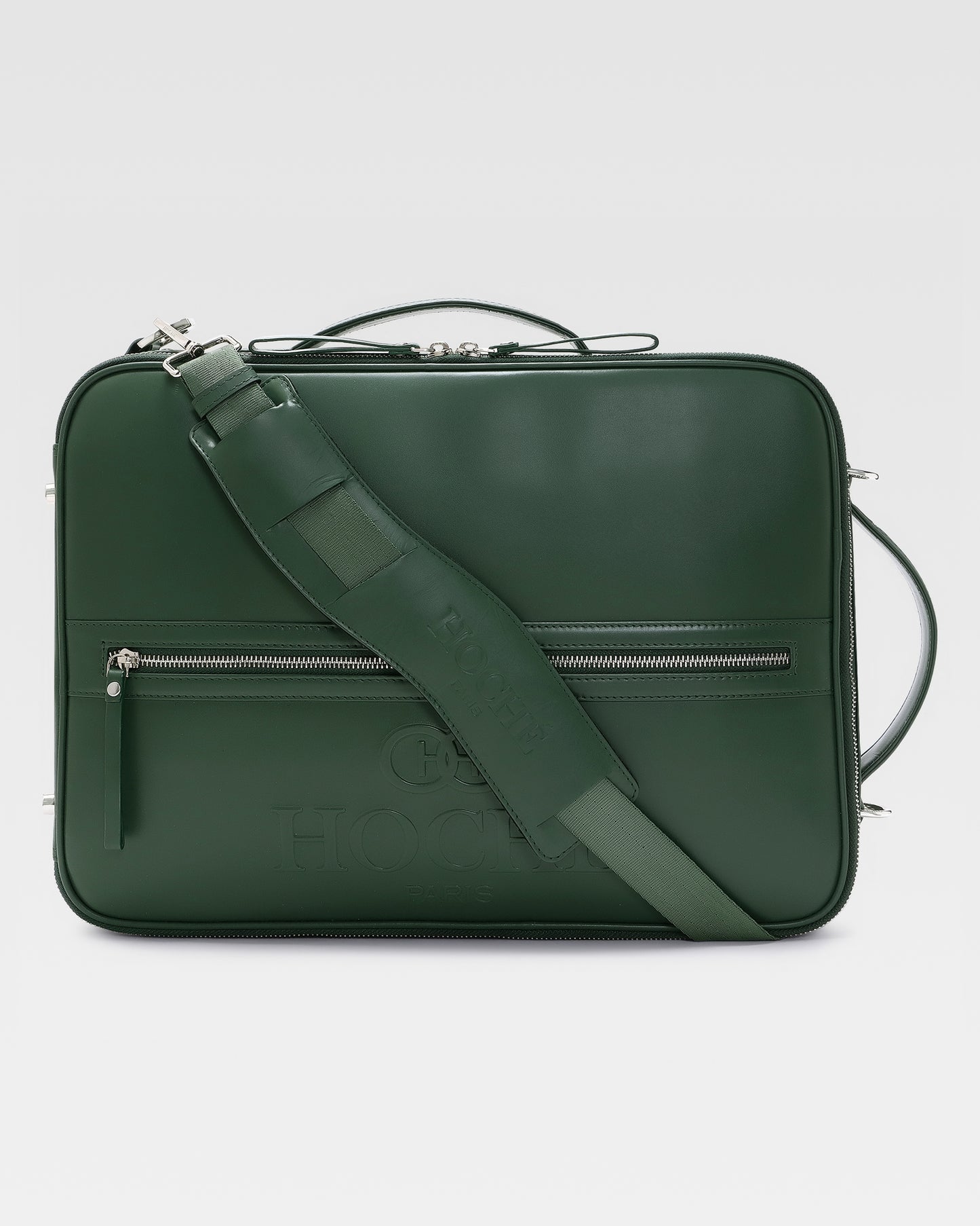 Hoche paris Briefcase view of UniSwitch olive green branded genuine leather 3 in 1 convertible genuine leather backpack for men in India, featuring ergonomic padded straps and a hidden trolley sleeve.