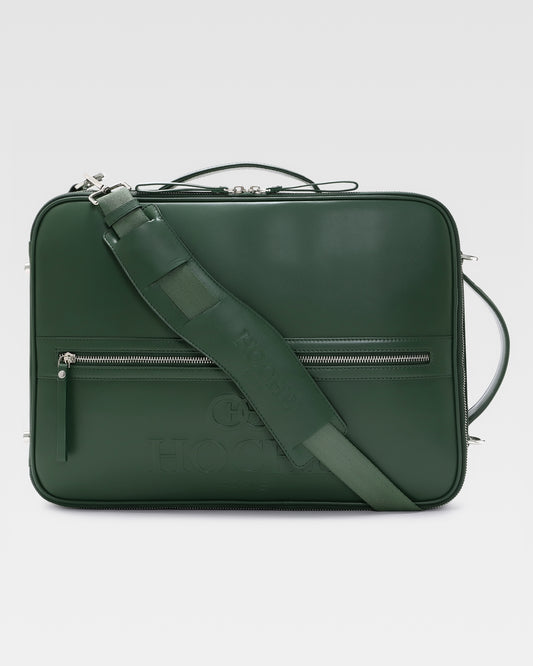 Hoche paris Briefcase view of UniSwitch olive green branded genuine leather 3 in 1 convertible genuine leather backpack for men in India, featuring ergonomic padded straps and a hidden trolley sleeve.